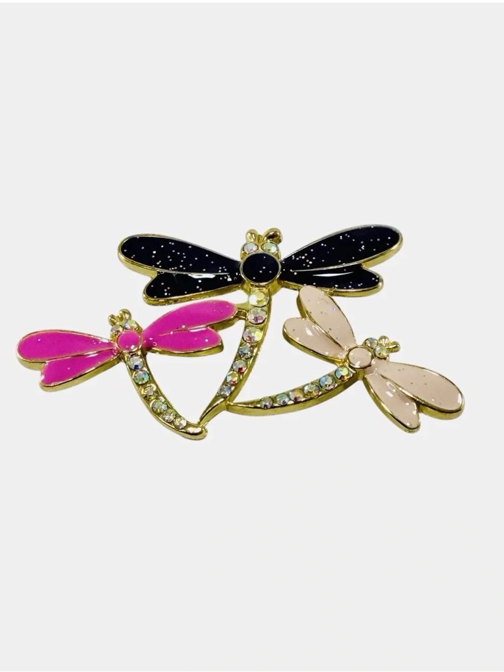 Vintage Dragonfly Rhinestone Enamel Brooch Pin Pink Dark Purple Sparkle Fuchsia